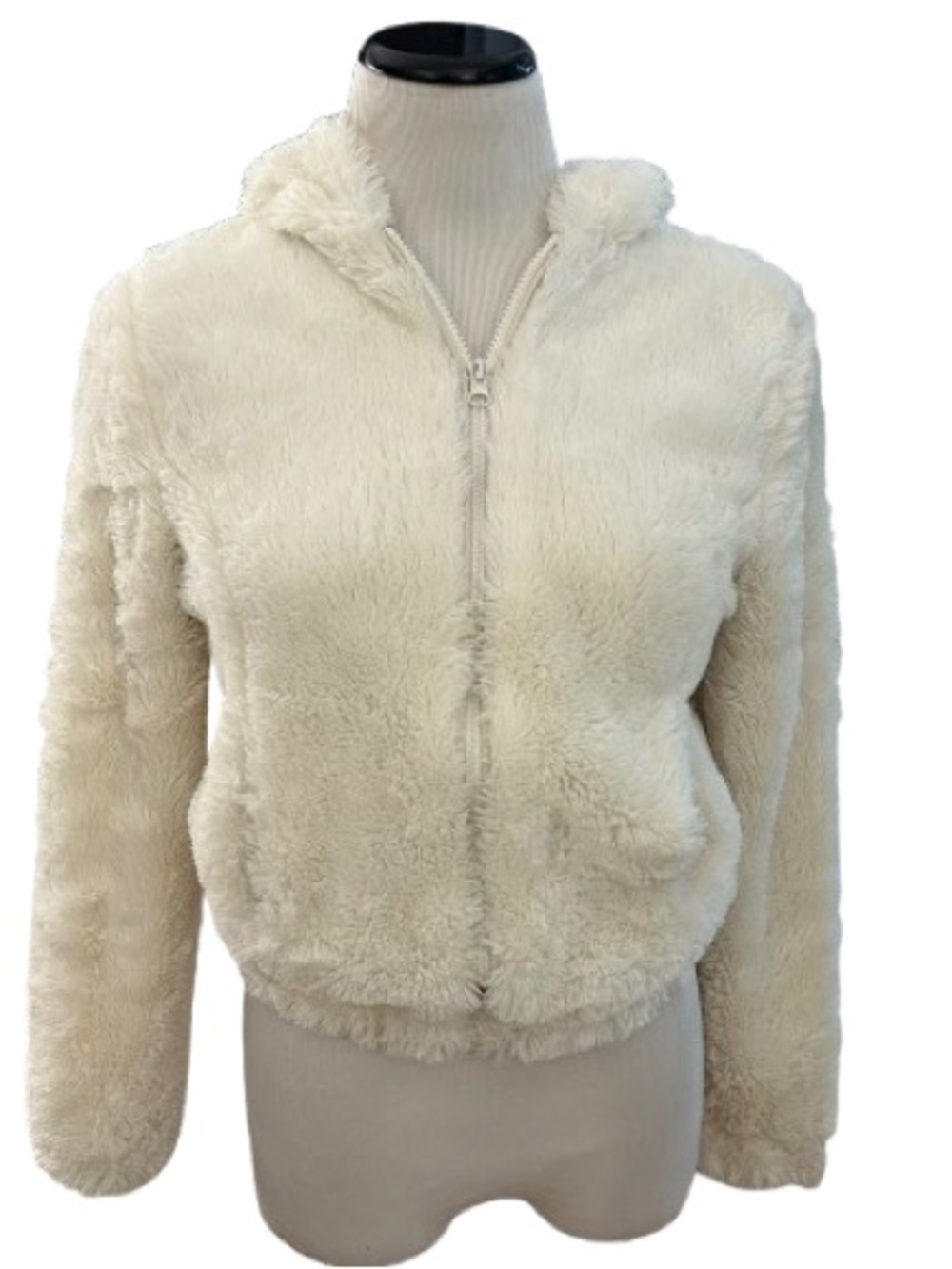 Ambiance Women’s Cream Plush Hooded Faux Fur Teddy Zip-Up Jacket Size S